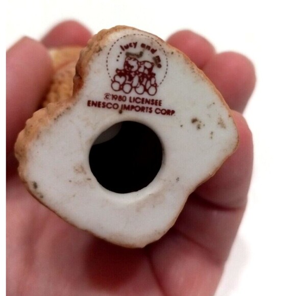 Vintage Enesco Lucy and Me Bear Hiding Present Red Polka Dot Bow 3 Inches Tall - Picture 7 of 7